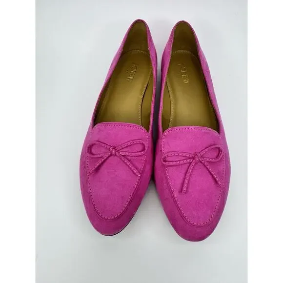 J Crew Ballet Flat Shoes Womens 9.5 Pink Bow Loafers Slip On Vegan Suede Preppy - Picture 2 of 13
